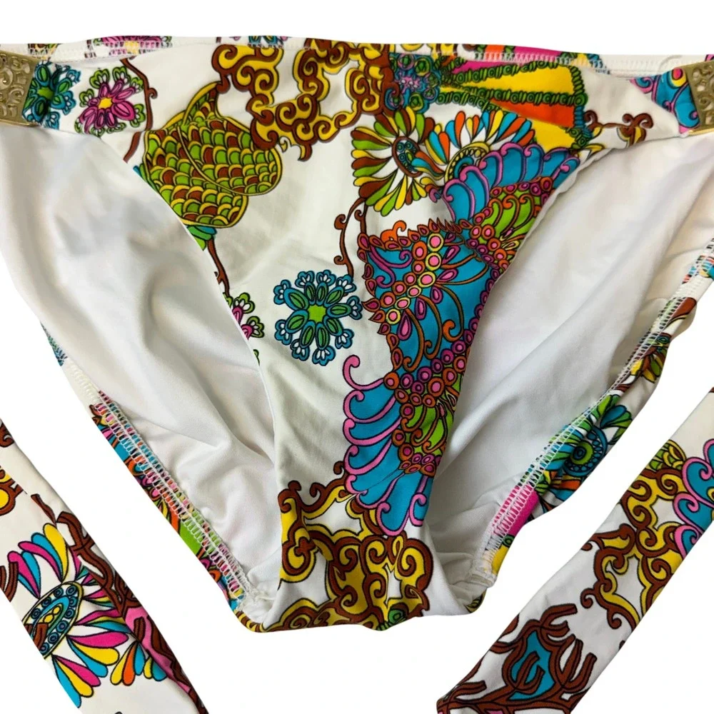 Trina Turk Floral Paisley Bikini Set Gold Filigree Hardware Halter Two Piece